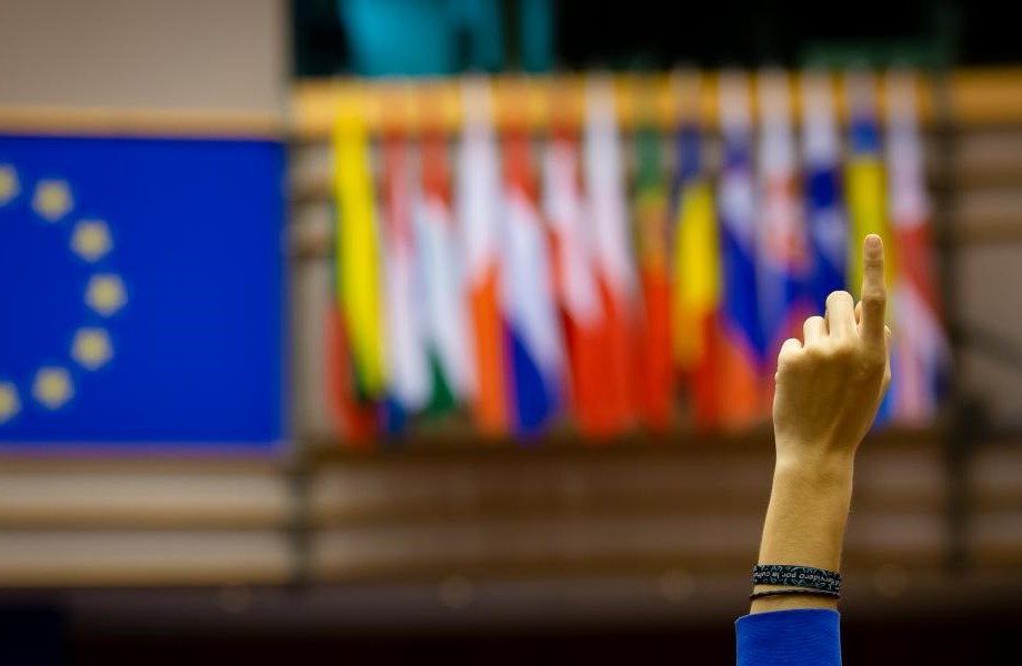 A young person holding up their hand in front the EU and EU country flags