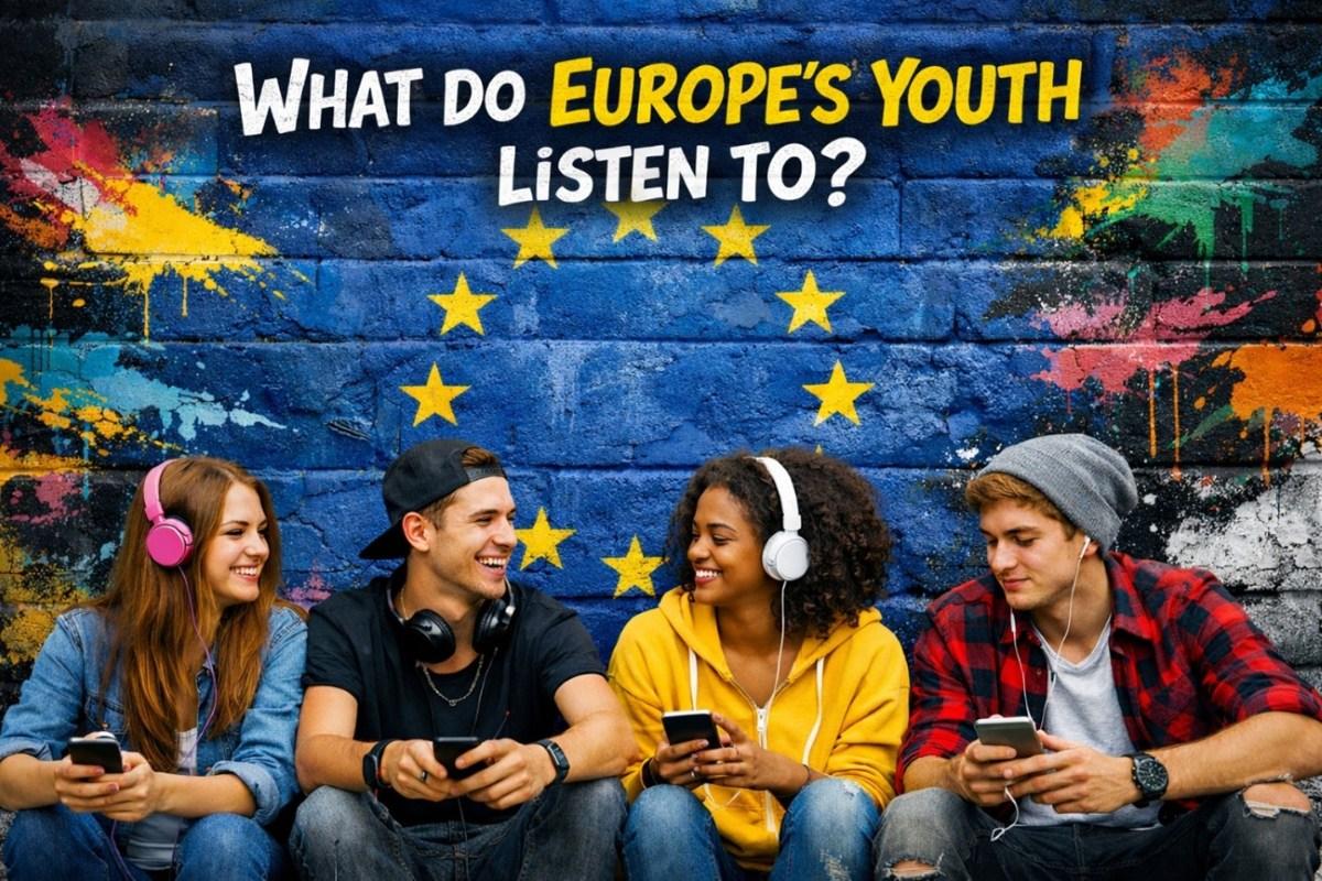 Four teenagers listening to music together, sitting under the European Union star circle