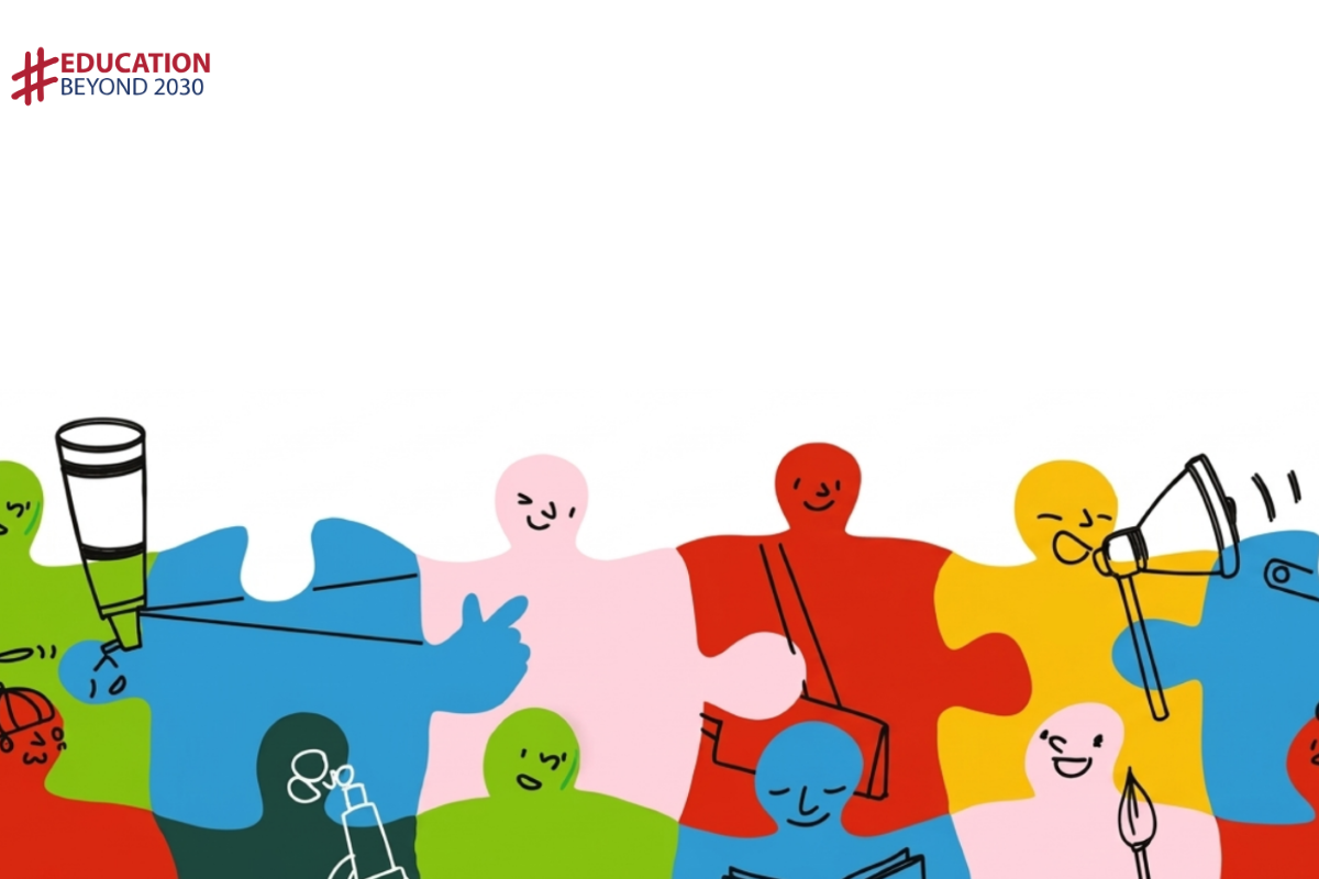 A colorful illustration showing a jigsaw of young people with the hashtag Education Beyond 2030