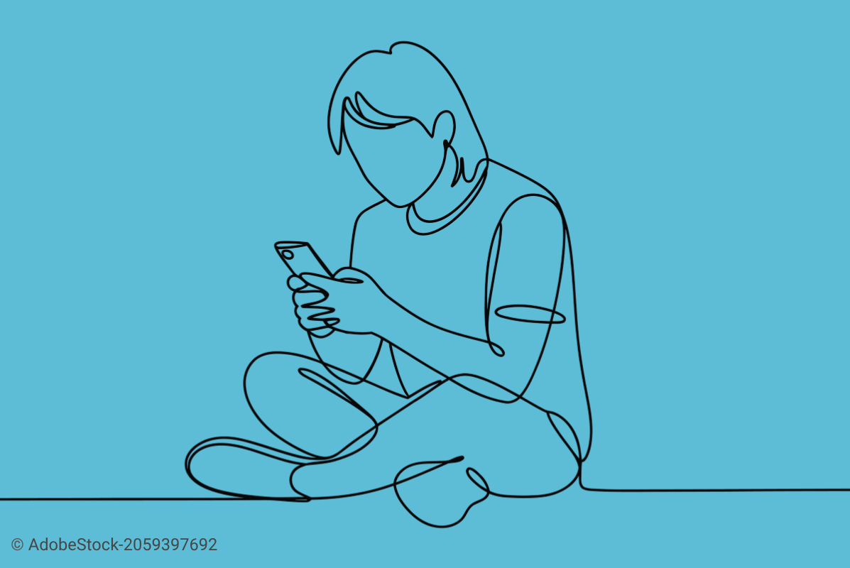Illustration of a boy sitting on the ground looking at his mobile phone