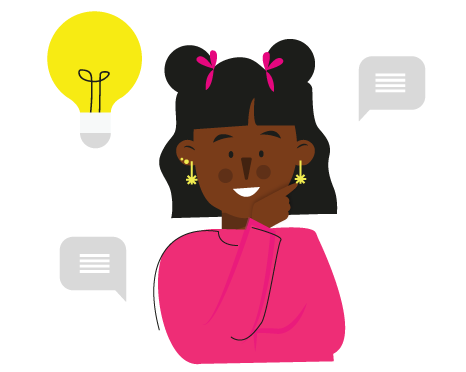A young girl in a thoughtful pose, with a light bulb and text bubbles around her head