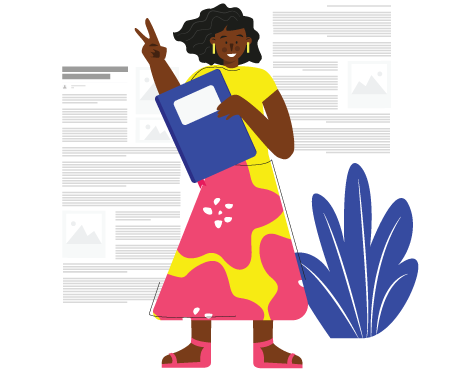 A lady holding an office folder and surrounded by images of documents