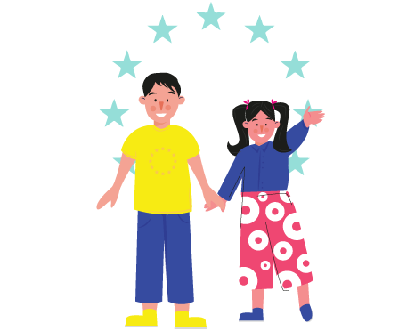 Two happy and smiling young children standing underneath the European Union stars
