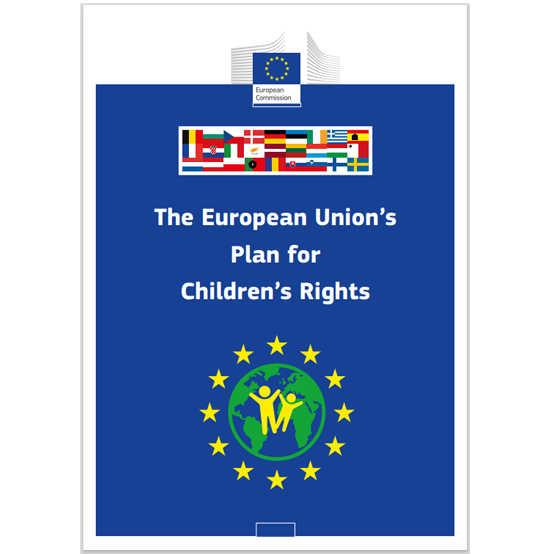 Front cover of the Plan for Children's Rights, with EU flags.