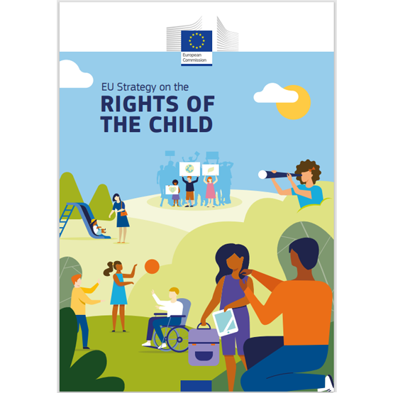 The front cover of the Rights of the Child strategy document, with illustrations of lots of children.