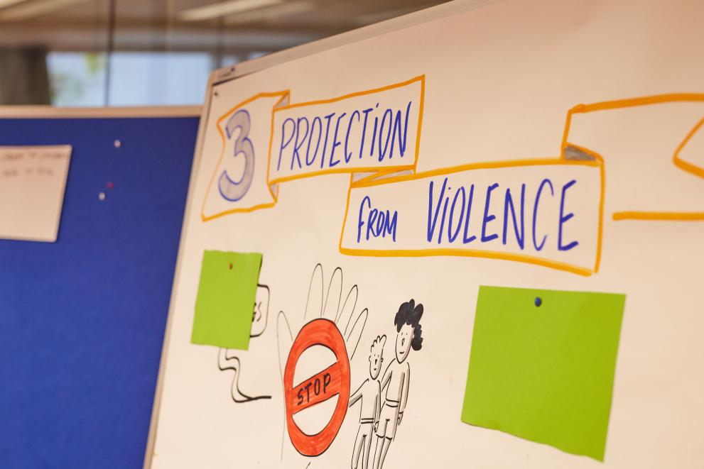 A flip chart showing a workshop theme: Protection from violence 