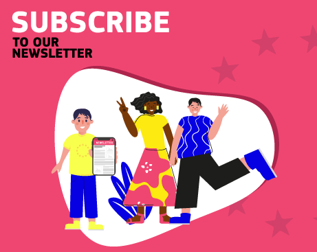 A diverse group of children smiling. One of them holds a smartphone with a subscribe to the newsletter screen