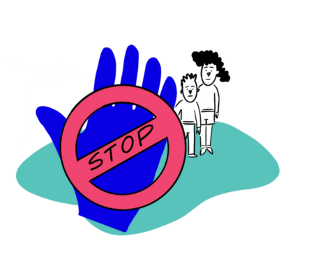 A stop sign on a child's hand with the words, Children have the right to feel safe