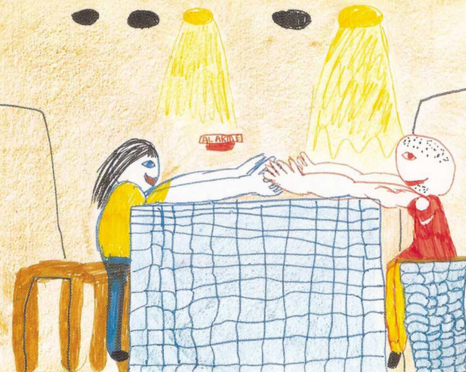 A child's drawing portrays a holding hands moment between a parent and a child during a prison visit.