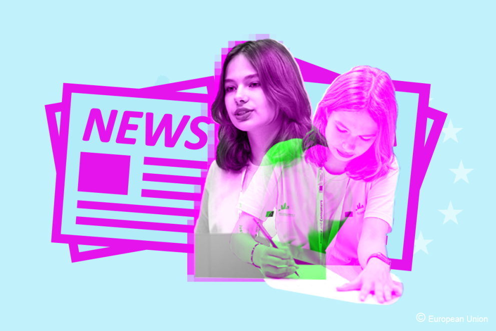 A young girl writing next to News sign