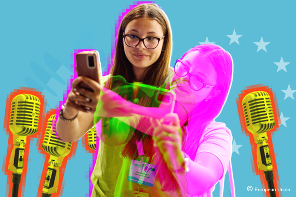 Young girl taking a selfie surrounded by microphones - having her say.