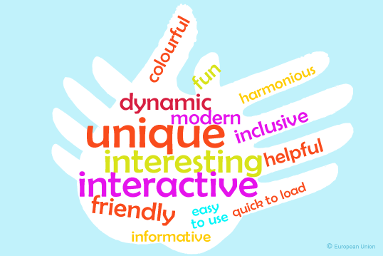 Words which describe a good website, like unique, interesting, interactive, friendly.