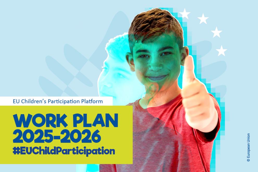 A young boy giving a positive thumbs up sign on the cover of the 2025-2026 Work Plan.