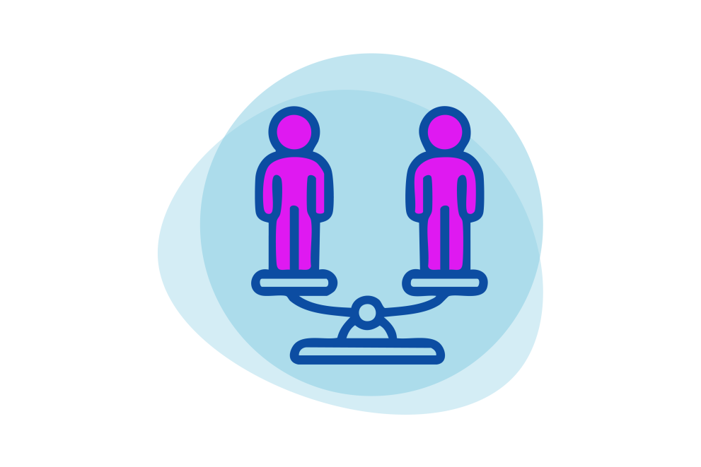 Equality, inclusion: two people balancing equally on two sides of scales.