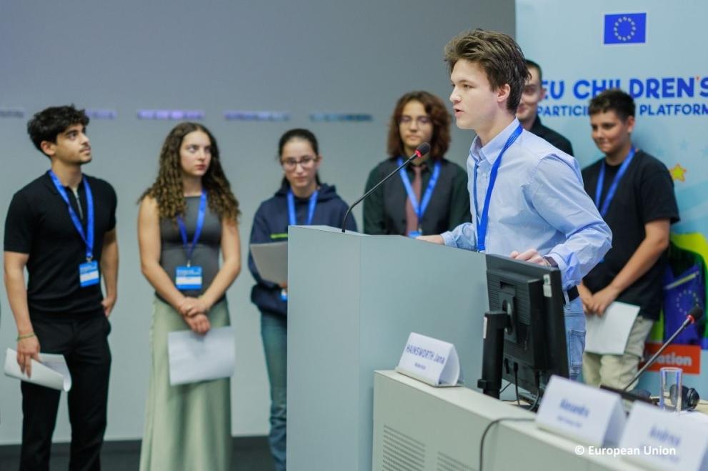 Young people delivering the call to action at the European Forum on the Rights of the Child.