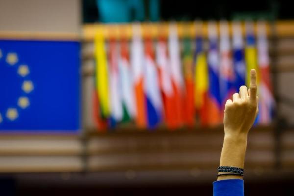 A young person holding up their hand in front the EU and EU country flags